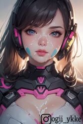 1girls ai_generated asian big_breasts cosplay cum cum_on_breasts cum_on_face cumshot d.va d.va_(cosplay) female instagram_username korean korean_female lifeless_eyes overwatch overwatch_2 self-upload