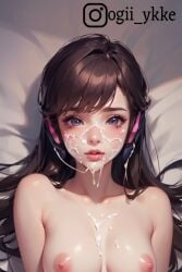 1girls ai_generated cosplay cum cum_drip cum_in_mouth cum_on_body cum_on_breasts cum_on_face cumshot d.va d.va_(cosplay) female girl girly overwatch overwatch_2 overweight_female