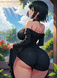 1girls ai_generated ass ass_focus backless_outfit bare_shoulders big_breasts cleavage clothes_lift dark_hair dress dress_lift from_behind fubuki_(one-punch_man) green_eyes hi_res huge_ass jewelry large_ass large_breasts mabi_ai off_shoulder one-punch_man skin_tight skindentation thick_thighs thigh_gap wide_hips