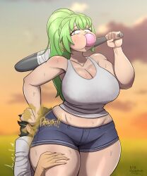 1boy 1girls baseball_bat big_breasts billdenovo bubble_gum cleavage face_in_ass fart fart_cloud fart_fetish farting farting_in_face green_eyes green_hair hand_on_head jean_shorts ponytail shorts thick_thighs thigh_grab