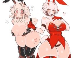 2demons 2girls beelzebub_(helltaker) big_breasts blush bunny_ears bunny_tail bunnysuit choker cleavage demon_girl demon_horns female female_only gloves gonzalo_costa heart heart-shaped_pupils helltaker large_ass long_hair looking_at_viewer modeus_(helltaker) multiple_girls navel panties red_eyes thick_thighs thighhighs thighs usa37107692 white_hair wide_hips