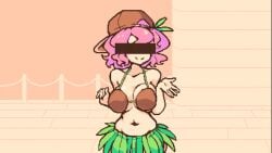 1girls animated bar bare_arms bare_midriff bare_shoulders belly_button big_breasts brown_cap cap chubby chubby_female city_background cleavage coco_nutshake coconut_bar coconut_bra coconut_girl coconut_shake eyes_covered female female_only gif gift grass_skirt midriff navel pink_hair pixel_art short_hair solo text