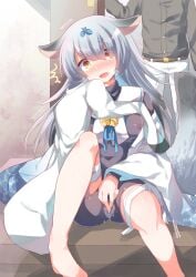 1boy 1girls animal_ears areolae areolae_visible_through_clothing azur_lane blue_hair blush caught_masturbating clothed clothed_masturbation clothing door drooling embarrassed entering eyebrows_visible_through_hair female_masturbation fingering fox_ears fox_girl fox_tail indoors kuryu_lv100 light-skinned_female light_blue_hair light_skin masturbating masturbation miyuki_(azur_lane) nipple_bulge nipples_visible_through_clothing nose_blush opening_door room sakura_empire_(azur_lane) see-through see-through_clothing shocked solo_focus startled surprised tail yellow_eyes