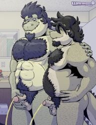 2boys anthro arsinoe bara bathroom bodily_fluids body_hair butch_wanikami chest_hair chubby_male duo fat fat_man father_(lore) father_and_child_(lore) father_and_son_(lore) genital_fluids hand_on_shoulder happy_trail hi_res krokodyle male male/male male_only multiple_boys musclegut muscular muscular_male nude parent_(lore) parent_and_child_(lore) parent_and_son_(lore) peeing peeing_together penis slightly_chubby son_(lore) urine wanikami watersports