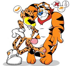 anthro big_penis cheetah cheetos chester_cheetah duo erection felid feline foreskin frosted_flakes genitals hikiganebousou humanoid_genitalia humanoid_penis kellogg's male male/male mammal mascot pantherine penis simple_background tiger tony_the_tiger white_background