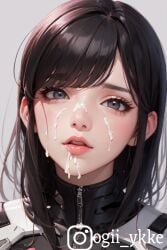 1girls ai_generated blue_eyes brown_hair cosplay cum_on_body cum_on_face cumshot d.va d.va_(cosplay) female female_only grey_eyes latex overwatch overwatch_2 pale-skinned_female pale_skin portrait short_hair solo solo_female video_games