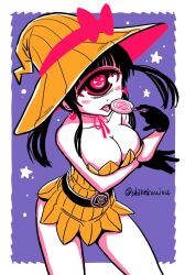 black_hair breasts cleavage cyclops dress hitomi_sensei_no_hokenshitsu implied_bottomless licking_lollipop lollipop manaka_hitomi red_eyes shake-o symbol-shaped_pupils witch_hat