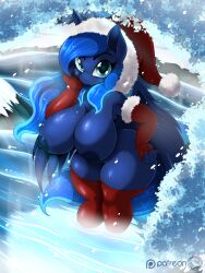 1girls 2023 alicorn anthro big_breasts blue_body blue_eyes blue_hair blue_skin breasts christmas equid equine female female_only friendship_is_magic hasbro hat holiday horn long_hair looking_at_viewer mammal my_little_pony nipples princess_luna_(mlp) santa_hat smile solo stockings suirano tail wings