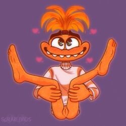 1girls anthro anxiety_(inside_out) blush eager female female_only green_eyes inside_out inside_out_2 nude_female orange_body orange_hair partially_clothed presenting presenting_anus presenting_hindquarters presenting_pussy pussy shy smile solarlewds solo sweater toony