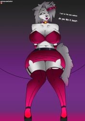 anthro black_nose breasts canid canid_demon canine canis demon dialogue ear_piercing english_text female fur goth grey_hair hair hellhound helluva_boss liafurr loona_(helluva_boss) mammal navel piercing red_sclera smile solo tail text tongue tongue_out white_body white_eyes white_fur wolf