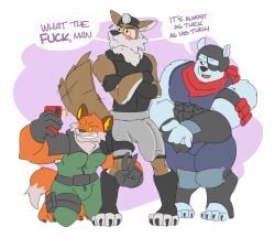 3boys anthro bear blush bottomwear bulge canid canine canis clothing epic_games fennix_(fortnite) fortnite fox gay group hi_res hikiganebousou male mammal polar_bear polar_patroller shorts trio ursine wendell_(fortnite) wolf