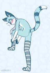 anthro ass blue_body blue_eyes blue_fur blush clothing digital_media_(artwork) domestic_cat embarrassed felid feline felinia felis female fur hair hi_res leggings legwear looking_at_viewer mammal multicolored_body multicolored_fur nude pattern_clothing pattern_legwear putting_on_socks rainy_(felinia) raised_tail scarf simple_background solarlewds solo stockings striped_clothing striped_legwear stripes tail thigh_highs white_body white_fur