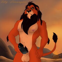 1boy alternate_color alternate_version alternate_version_available anthro anthropomorphic big_penis black_hair detailed_background disney furry gay male male_only orange_body orange_fur painted_background penis pinup precum riley_morningstar scar scar_(the_lion_king) scar_across_eye simple_shading solo the_lion_king