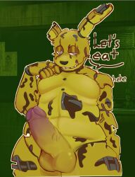 2023 animatronic anthro balls blush dialogue digital_media_(artwork) english_text erection five_nights_at_freddy's five_nights_at_freddy's_3 fur genitals glans green_body green_fur half-closed_eyes humanoid_genitalia humanoid_penis inside lagomorph leporid machine male male_only mammal moobs narrowed_eyes peluche_random penis rabbit robot scottgames slightly_chubby solo speech_bubble springtrap springtrap_(fnaf) talking_to_viewer teeth text vein veiny_penis