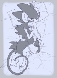 <3 1girls anthro clothed_female female feral_on_female larger_male luxray male_pokemon male_pokemon/female_human monochrome pokemon pokemon_(species) pokephilia sleeping tagme trainer_aliyah yuki_is_camping