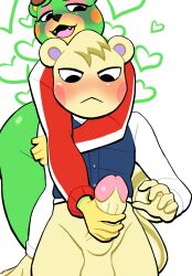 :< absurd_res animal_crossing anthro bear blush bottomless charlise_(animal_crossing) clothed clothing duo female frown genitals handjob heart hi_res lovetopullmicke male male/female mammal marshal_(animal_crossing) nintendo open_mouth open_smile penile penis rodent sciurid sex simple_background smile tree_squirrel white_background