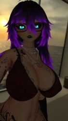 big_breasts black_hair black_lipstick blue_eyes bra breasts charlottevr femdom glasses goth mommy mommy_kink mother purple_hair selfie taller_girl tattoo tattoos vr vr_media vrchat vrchat_avatar vrchat_media vrchat_model