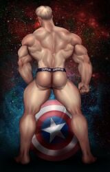 1boy 2lubkhland ass butt_focus captain_america captain_america's_shield captain_america_(series) human human_only jockstrap light-skinned_male light_skin male male_only marvel muscular muscular_arms muscular_male muscular_thighs nude solo steve_rogers themed_clothes unseen_male_face