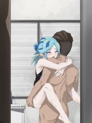 2boys :o ass barefoot black_shirt blue_hair blush bottomless brown_hair closed_eyes colored_eyelashes commentary_request eyelashes femboy feminine girly grusha_(pokemon) hair_bun highres indoors knees lifted_by_another lifting_person male male_focus male_only medium_hair min_(myna8247) multicolored_hair multiple_boys no_visible_genitalia nude open_mouth otoko_no_ko pokemon pokemon_(game) pokemon_sv sex shirt shoulder_blades sleeveless sleeveless_shirt suspended_congress sweat toes tongue undercut yaoi