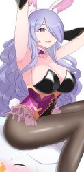 1girls absurdres alternate_costume animal_ears arm_up armpits breasts bunny_ears bunny_girl bunnysuit camilla_(fire_emblem) camilla_(spring)_(fire_emblem) choker cleavage easter fake_animal_ears fake_tail female female female_only fire_emblem fire_emblem_fates fire_emblem_heroes hair_over_one_eye highres large_breasts leotard long_hair looking_at_viewer nintendo official_alternate_costume ondur open_mouth pantyhose playboy_bunny purple_eyes purple_hair rabbit_ears rabbit_tail tail