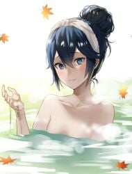 1girls alternate_hairstyle ameno_(a_meno0) bathing blue_eyes blue_hair blush collarbone commentary female female_only fire_emblem fire_emblem_awakening flat_chest hair_between_eyes hair_bun hair_ornament hairband hairbun leaf light-skinned_female light_skin lips long_hair looking_at_viewer lucina_(fire_emblem) nintendo nude nude_female onsen partially_submerged pink_lips single_hair_bun smile solo steam symbol-only_commentary towel towel_on_head water watermark