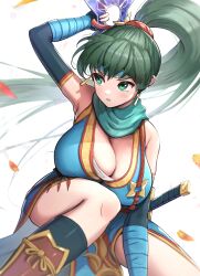 1girls alternate_costume big_ass big_breasts breasts cleavage commentary_request female female_only fire_emblem fire_emblem:_the_blazing_blade fire_emblem_heroes gonzarez green_eyes green_hair high_ponytail highres huge_breasts large_breasts long_hair lyn_(fire_emblem) lyn_(ninja)_(fire_emblem) lyndis_(fire_emblem) ninja nintendo official_alternate_costume on_one_knee ponytail revision shuriken simple_background solo weapon white_background