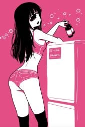 1girls bare_arms beer beer_bottle black_hair booty_shorts bottle clothed clothing crop_top cyclops female female_only fridge hitomi_sensei_no_hokenshitsu long_hair manaka_hitomi monochrome mostly_nude pink_background refrigerator shake-o short_shorts socks solo