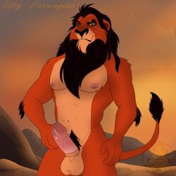 alternate_color alternate_version alternate_version_available anthro anthropomorphic big_penis black_hair detailed_background disney disney_villains furry gay male male_only orange_body orange_fur painted_background penis pink_cock pink_penis pinup precum riley_morningstar scar scar_(the_lion_king) scar_across_eye simple_shading solo the_lion_king