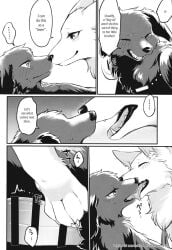 1boy 1boy1girl 1girls 2023 black_body black_fur blush blush_lines canine canine_penis censor_bar censored censored_penis chest_fur claws closed_eyes comic doujinshi english english_text fangs feral feral_only half-closed_eyes japanese_text kissing open_mouth paw_on_penis pawpads paws penis sweat teeth tongue tongue_kiss tongue_out tsukune_minaga white_body white_fur