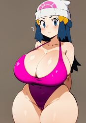 1girls ai_generated blue_eyes blue_hair breasts dawn_(pokemon) female game_freak hat hi_res highleg_swimsuit hips huge_breasts light-skinned_female light_skin long_hair nintendo oatmealdood one-piece_swimsuit pokemon pokemon_dppt stable_diffusion swimsuit thick_thighs thighs voluptuous wide_hips