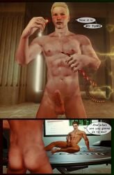 2boys 3d_(artwork) barry_allen blonde_hair brown_hair butt comic condom dc_comics gay green_lantern hal_jordan male male/male male_only muscular naked naked_male the_flash yaoi