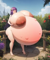 ai_generated big_belly breasts expressionless female fern_(sousou_no_frieren) fetal_movement garden gigantic_breasts heart hyper_breasts hyper_pregnancy hyper_thighs large_areolae large_nipples sousou_no_frieren stable_diffusion thick_thighs wide_hips