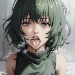 ai_generated cum cum_in_mouth cum_on_tongue dark_green_hair green_hair jujutsu_kaisen mtc272 short_hair stable_diffusion tongue_out turtleneck zenin_mai