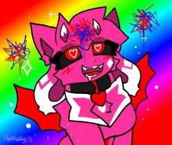 black_collar blush blush_lines breasts collar collar_tag drool furry heart-shaped_pupils heart_shaped_pupils horn_(kittydog) horn_(kittydogcrystal) horns hot_pink_fur kittydogcrystal mouth_open pink_fur rainbow_background red_iris red_wings scribbles tagged_collar tagme wings