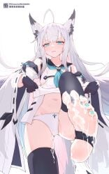 animal_ear_fluff animal_ears azur_lane black_gloves black_sailor_collar black_thighhighs blue_eyes blue_nails blue_neckerchief blue_ribbon clothes_lift detached_sleeves disgust feet female foot_focus fox_ears fox_girl gloves highres kawakaze_(azur_lane) liwendala long_hair looking_at_viewer nail_polish navel neckerchief panties pedicure ribbon ribbon-trimmed_sleeves ribbon_trim sailor_collar scowl shirt_lift soles solo stirrup_legwear suggestive_fluid thighhighs toeless_legwear toes underwear white_hair white_panties wide_sleeves