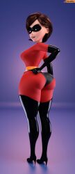 1girls 3d 3d_(artwork) ass ass_view back_turned back_view big_ass big_breasts brunette busty elastigirl eyemask female_only heels helen_parr looking_at_viewer looking_back milf open_mouth rear_view short_hair simple_background smitty34 solo solo_female standing superhero_costume superheroine the_incredibles