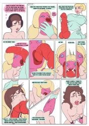 2girls big_breasts bimbo bimbofication blonde_hair bondage bound brown_hair comic dildo drugged drugs english_text fellatio female femdom femsub headphones hypnotic_music lipstick manaomega multiple_girls nude pink_eyes resisting resisting_orgasm stepfordization strap-on text yuri