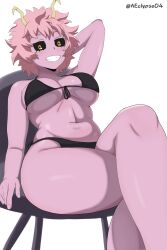 1girls big_breasts bikini bikini_bottom bikini_top black_bikini black_sclera bottomwear breasts cleavage eclypse female female_only hand_behind_head horns huge_breasts mina_ashido my_hero_academia pink_body pink_hair pink_skin smile solo solo_female swimwear thick_thighs thighs topwear voluptuous yellow_eyes