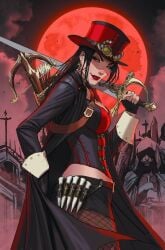 black_clothing black_eyes black_hair black_outfit cross crossbow graveyard hat liesel_van_helsing monster night pantyhose red_moon stake sword zenescope zenescope_entertainment