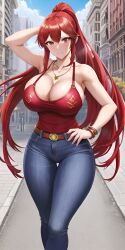 ai_generated anna_(fire_emblem) city_background clothed clothed_female clothing female female_only fire_emblem jeans light-skinned_female light_skin long_hair nai_diffusion nintendo red_eyes red_hair stable_diffusion t-shirt