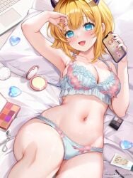 1girls :d armpits blonde_hair blush bra cameltoe cellphone clothing cute cute_fang female frilled_bra frilled_panties lace_trim large_breasts legs_together lingerie lotion_bottle lying_on_bed machi_(7769) makeup matching_underwear memcho nail_polish navel on_bed one_arm_up one_leg_up open_mouth oshi_no_ko painted_nails panties thick_thighs underwear wide_hips