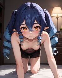 1girls ai_generated all_fours bare_shoulders bedroom blue_hair blush breasts breasts_out casual elf genshin_impact hanging_breasts layla_(genshin_impact) looking_at_viewer nai_diffusion nipples no_bra small_breasts smile solo stable_diffusion twin_drills yellow_eyes