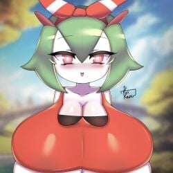 :> breasts breasts_bigger_than_head cosplay cute forest generation_3_pokemon green_hair huge_breasts kir_kaori kirlia large_breasts may_(pokemon)_(cosplay) may_(pokemon_oras)_(cosplay) nintendo pokemon pokemon_(species) red_clothing red_eyes smile smile_girl smiling_at_viewer white_body