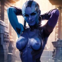 1girls ai_generated alien alien_girl blue-skinned_female blue_body blue_skin breasts cleavage female female_only guardians_of_the_galaxy guardians_of_the_galaxy_(2014) humanoid lingerie marvel marvel_cinematic_universe nebula_(marvel) puffy_nipples purple_lipstick solo solo_female thick_lips toned_female