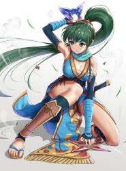 1girls alternate_costume breasts cleavage dress elbow_gloves female female_only fingerless_gloves fire_emblem fire_emblem:_the_blazing_blade fire_emblem_heroes full_body gloves gonzarez green_eyes green_hair headband highres large_breasts long_hair lyn_(fire_emblem) lyn_(ninja)_(fire_emblem) ninja nintendo on_one_knee ponytail sandals shadow shin_guards shuriken simple_background sleeveless solo sword thighs very_long_hair weapon white_background