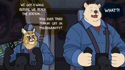 absurd_res american_black_bear anthro astronaut bear beige_fur black_bear black_body black_fur blue_clothing blue_jumpsuit blush blush_lines bodysuit broad_shoulders brown_eyes bulky caption cel_shading cel_shading_(retro) cheek_tuft chin_tuft clothing cosmic_background detailed_background dialogue door driver driving duo ear_tuft english_text facial_markings facial_tuft fangs felid feline flight_suit front_view fur head_markings hi_res jacket kermode_bear leopardus male mammal markings mature_male overweight overweight_male pampas_cat pupils purple_clothing purple_shirt purple_topwear quasarbearcat red_clothing red_shirt red_topwear science_fiction screen seatbelt shaded shirt sitting size_difference skinsuit slit_pupils smile space spacecraft speech_bubble star steering_wheel surprised_expression tight_clothing topwear tuft unzipping ursid ursid_humanoid ursine vehicle vehicle_interior whiskers white_body white_fur window work_uniform yellow_body yellow_eyes yellow_fur