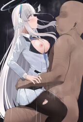 1boy absurdres big_breasts black_pantyhose blue_archive blue_necktie blush breasts exposed_breasts faceless faceless_male female functionally_nude grey_hair halo highres hototogisu_(7kanu_7ra) large_breasts long_hair long_sleeves mechanical_halo millennium_science_school_student necktie nipples noa_(blue_archive) open_mouth pantyhose pleated_skirt purple_eyes seminar_(blue_archive) sex skirt straight suit torn_clothes torn_pantyhose vaginal_penetration white_skirt