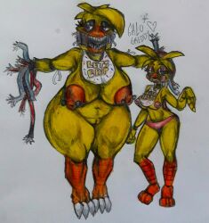 animatronic anthro areola avian avian_feet bib big_breasts bird blue_eyes breasts chicken clothing duo eyelashes feathers female five_nights_at_freddy's five_nights_at_freddy's_2 galliform gallus_(genus) galozero3000 genitals grey_background head_feathers head_tuft hi_res huge_breasts looking_at_viewer machine navel nipple_piercing nipples nude open_mouth orange_areola orange_nipples panties phasianid piercing pink_areola pink_clothing pink_nipples pink_panties pink_underwear purple_eyes pussy robot rosy_cheeks scottgames sharp_teeth simple_background slightly_chubby teeth thick_thighs toy_chica toy_chica_(fnaf) traditional_media_(artwork) tuft underwear wide_hips wire withered_chica yellow_body yellow_feathers