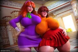 2girls 3d auburn_eyes auburn_hair big_ass big_breasts blush chubby curvy daphne_blake female female_only freckles glasses hanna-barbera huge_ass huge_breasts nail_polish orange_hair rasmus-the-owl redhead scarf scooby-doo stockings thick_thighs velma_dinkley wide_hips