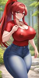 ai_generated anna_(fire_emblem) big_breasts breasts clothed clothed_female clothing female female_only fire_emblem jeans light-skinned_female light_skin long_hair nai_diffusion nintendo nipples red_eyes red_hair stable_diffusion t-shirt voluptuous